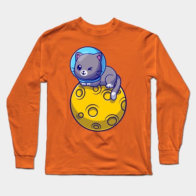 Cute Astronaut Cat Sitting On Moon Cartoon Long Sleeve T-Shirt by Catalyst Labs